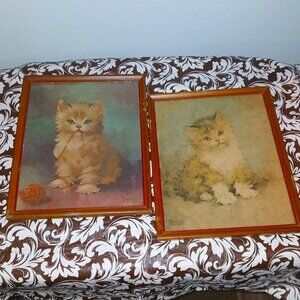 Pair Vintage 1950's Florence Kroger Cat / Kitten Prints . Wood Frame